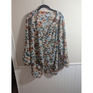 Avenue Women Plus Size 26/28 Abstract Watercolor Print Tie Front Blouse‎ Top